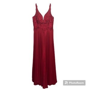 Dillards Coya Collection red beaded prom dress with plunge neckline size large